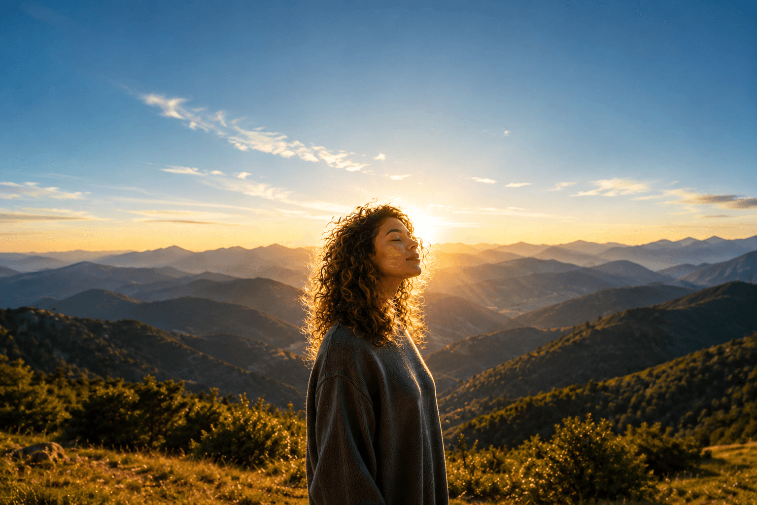 A woman standing outdoors at sunrise, eyes closed and at ease